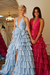 Blue Halter Neck A-Line Tiered Long Corset Prom Dress with Slit